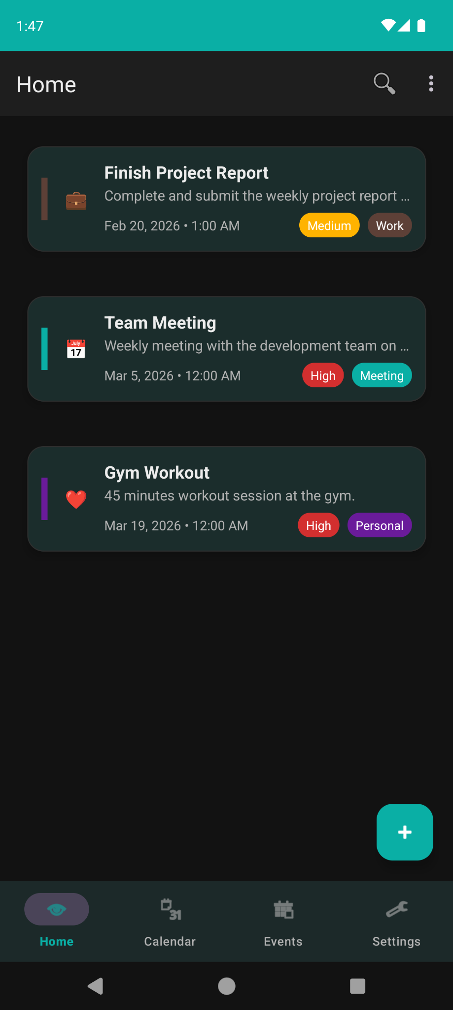 Home screen in dark mode